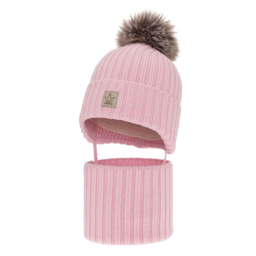 Komplet zimnej dívčí: čepice a tunel růžový 100% extra fine merino vlna s podšívkou z vlnené Martina