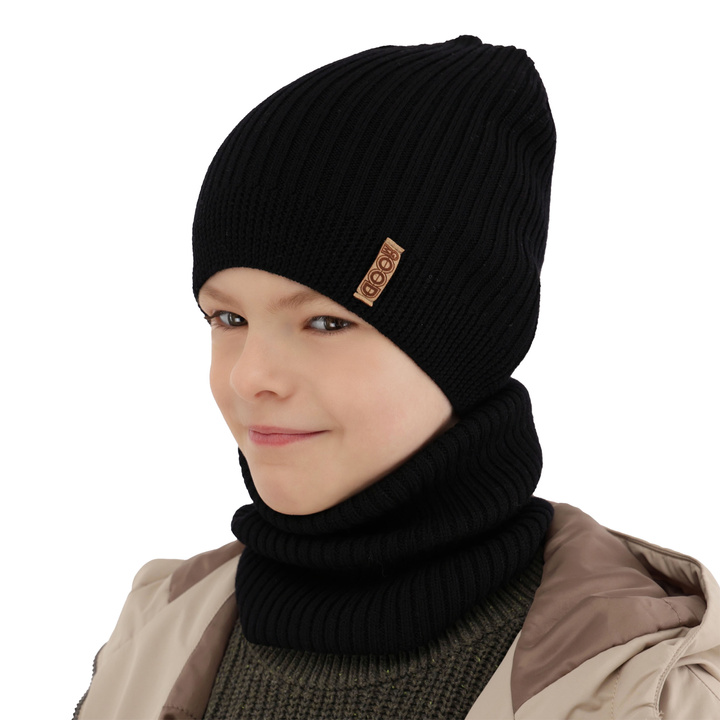 Komplet podzimní/jarní chlapecký: čepice a tunel černý 100% extrafine merino vlna Chester