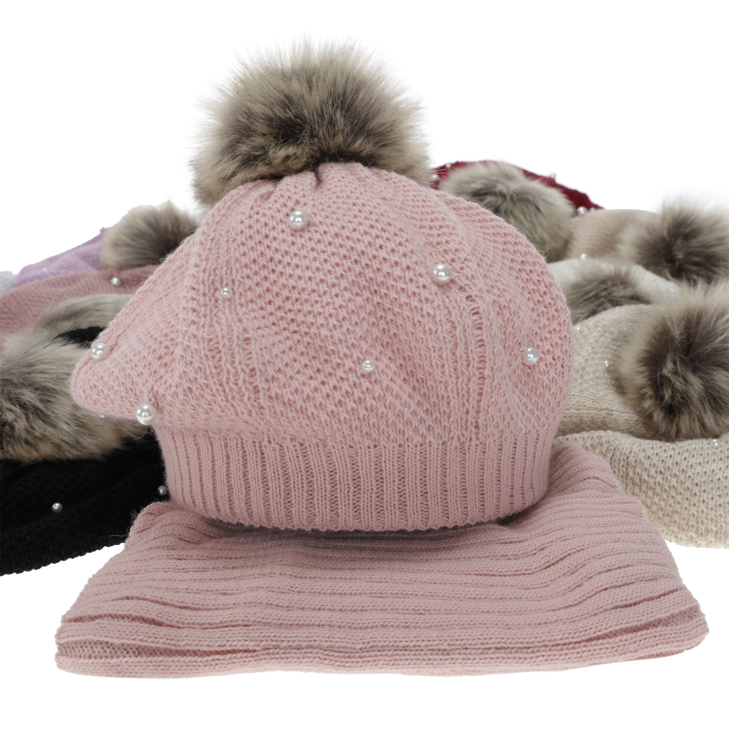 Beret a tunel zimní dívčí, bordový, podšitý fleece, s bambulí, Jeanette