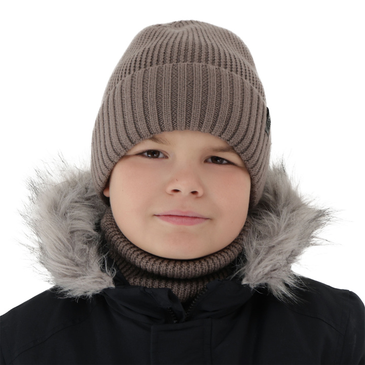 Čepice a tunel pro chlapce, zimní komplet, 100% merino vlněný, s merino vlněným podšitím, hnědý Harbin