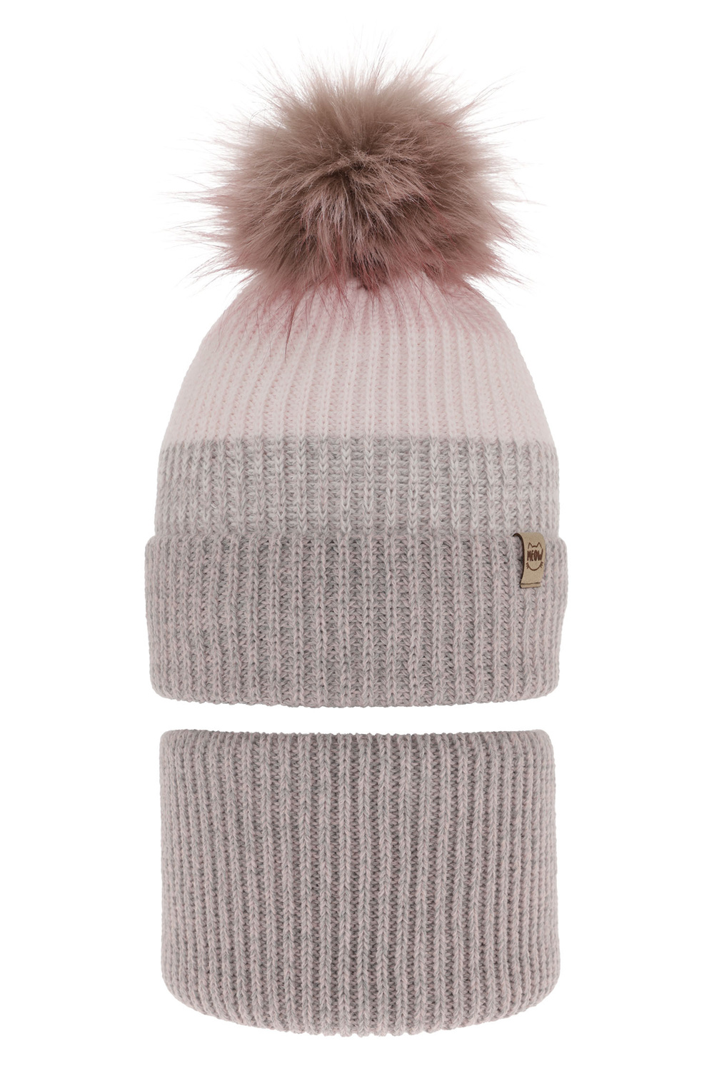 Komplet zimní dívčí: čepice a tunel šedý bambulí Gimena