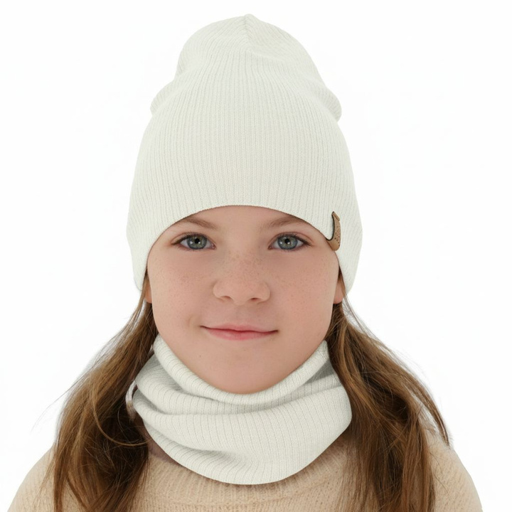 Komplet jesenný/jarný dievčenský čiapka a tunel bílý 100% extrafine merino vlna Ricona