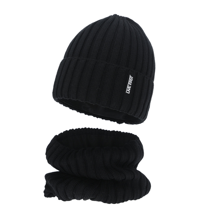 Komplet zimní chlapecký: čepice a tunel, černý, s merino vlnou, podšitý fleece, Banasko