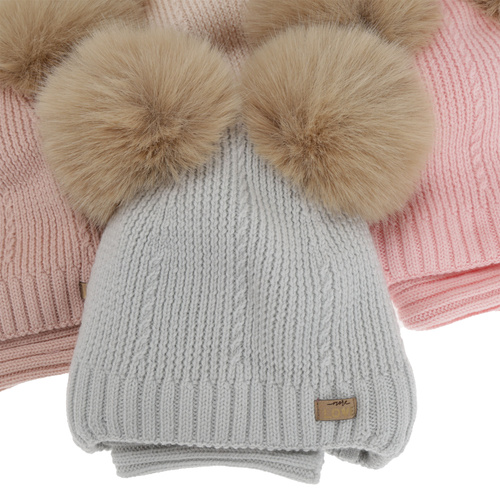 Dívčí čepice a nákrčník, zimní set, růžový, 100% merino vlna, podšitý vlněným polarem, Lumia