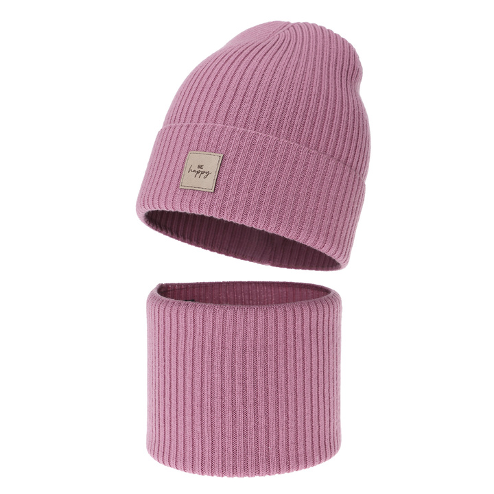 Komplet podzimní, jarní dívčí: čepice a tunel, růžový, 100% merino vlna, Vanita