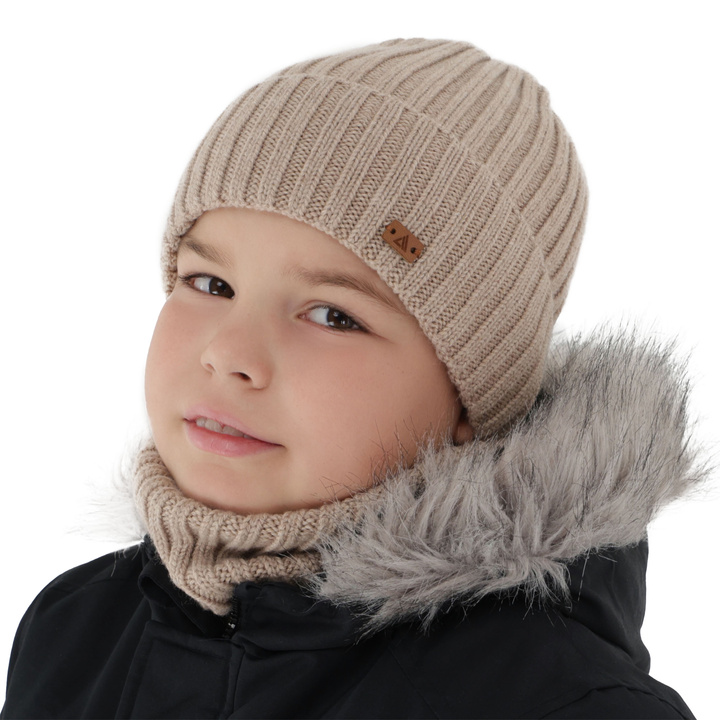 Komplet zimní chlapecký: čepice a tunel, 100% merino vlněný, béžový, Umberto