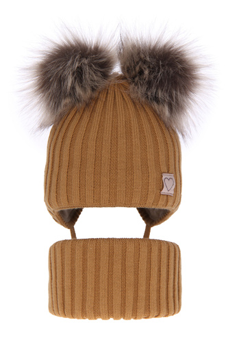 Komplet zimní dívčí: čepice a tunel camel se dvěma bambulemi Telisa