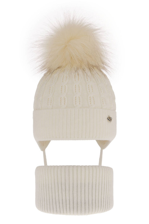 Komplet zimnej dívčej: čiapka a tunel krémový s bambuľou Tukana