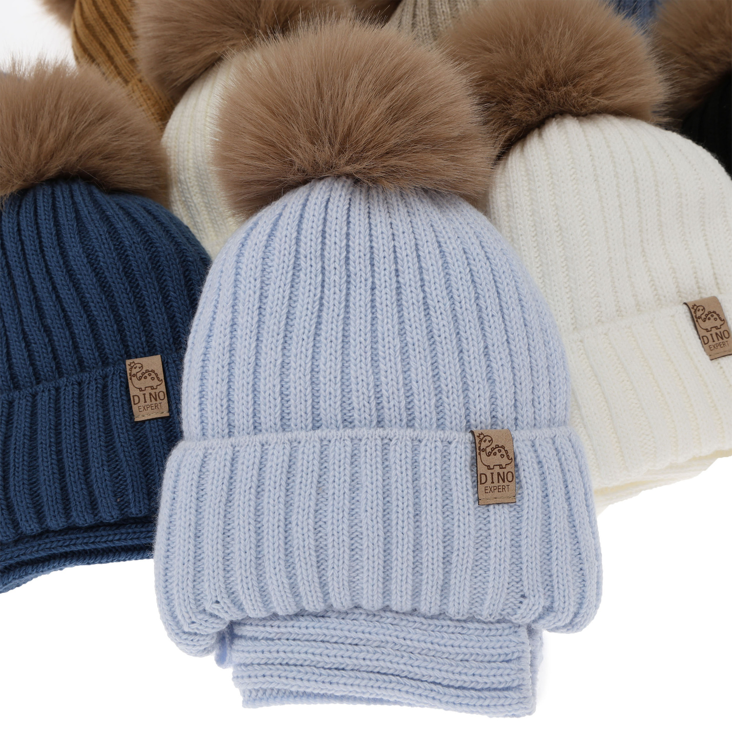 Komplet zimní chlapecký: čepice a tunel, béžový, s bambulí, Bagil