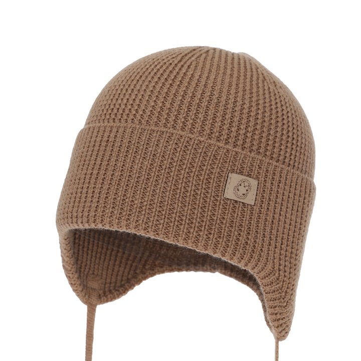 Chlapecká zimní, podzimní, jarní čepice, 100% merino vlněná, zavazovací, camel, Bakadi