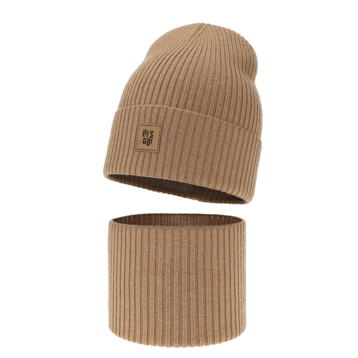 Komplet podzimní, jarní chlapecký: čepice a tunel camel 100% merino vlna Vanto
