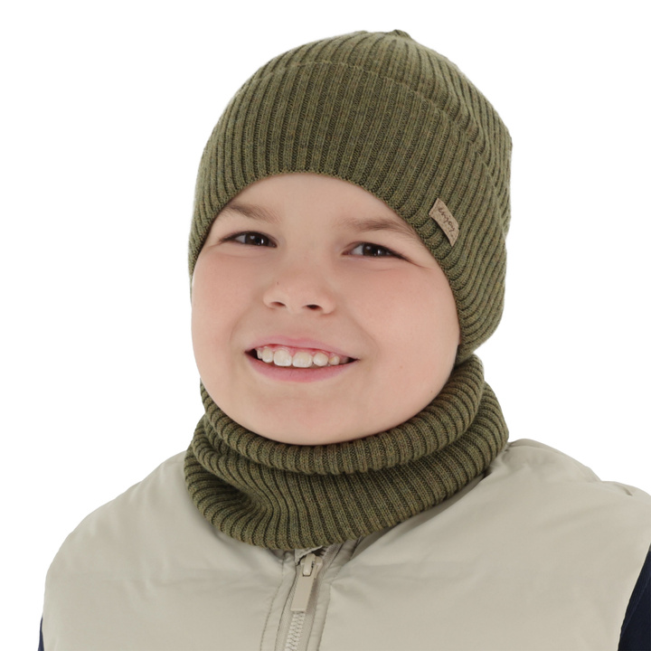 Komplet podzimní/jarní chlapecký: čepice a tunel khaki 100% extrafine merino vlna Intro