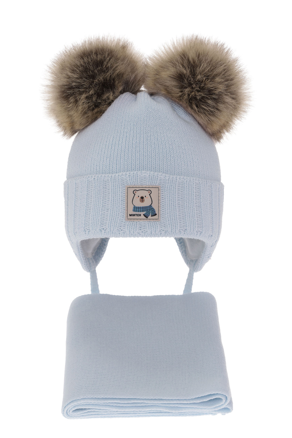 Komplet zimní chlapecký: čepice a šála světle modrý s dvěma bambulemi Jewel