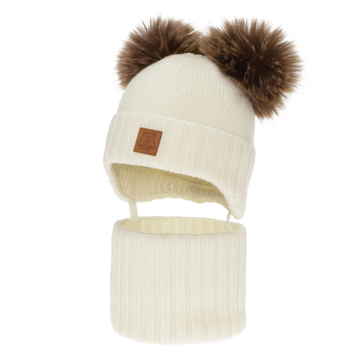 Chlapecká čepice a nákrčník, zimní set, krémový, 100% merino vlna, podšitý vlněným polarem, Ronik