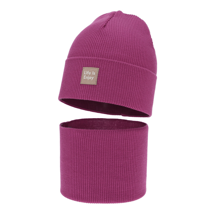 Komplet podzimní, jarní dívčí: čepice a tunel, s bavlnou, amarantový, Zola