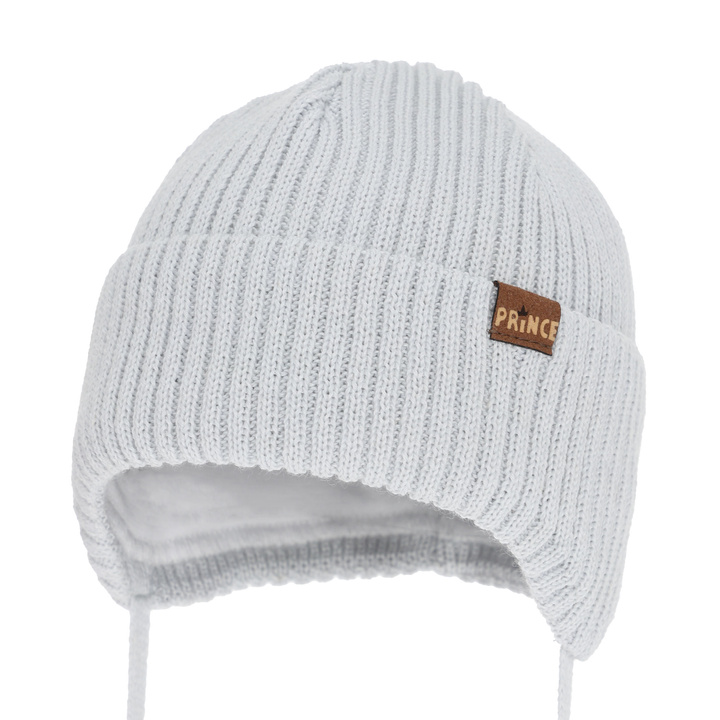 Chlapecká zimní čepice, zavazovací, s merino vlnou, světle šedá, Puser