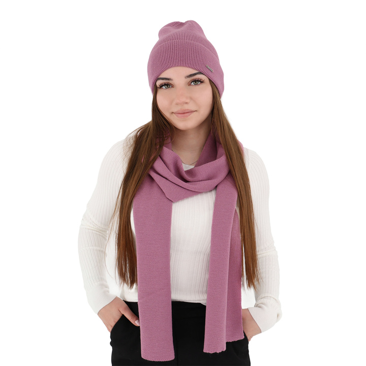 Dámský jarní/zimní set: čepice a šála růžový 100% extra fine merino vlna Melpomena