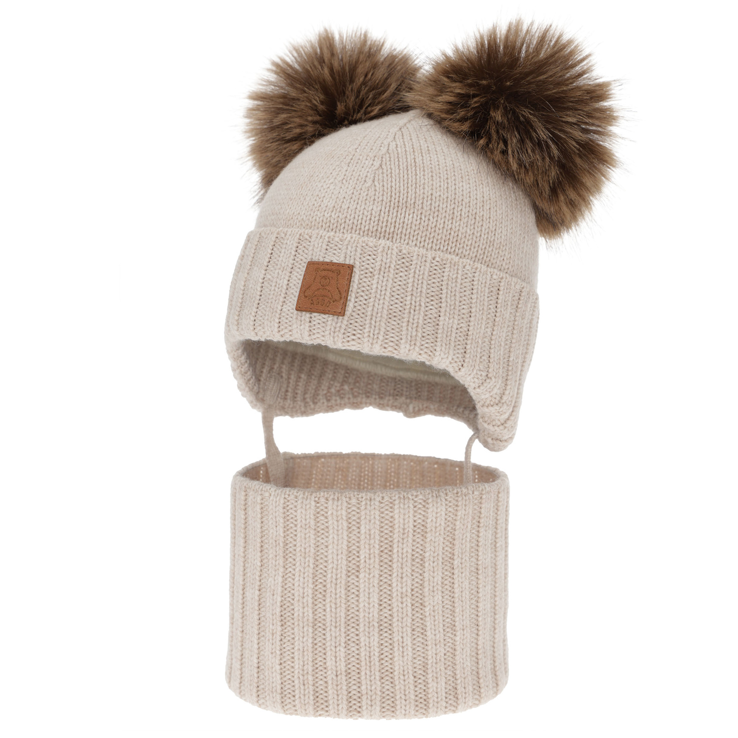 Chlapecká čepice a nákrčník, zimní set, světle béžový, 100% merino vlna, podšitý vlněným polarem, Ronik