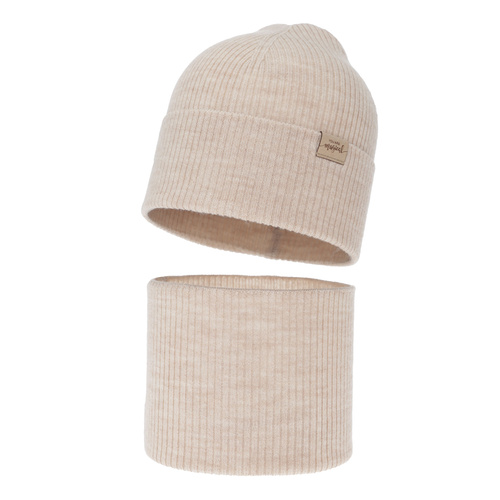 Komplet podzimní, jarní dívčí: čepice a tunel, krémový, 100% merino vlněná, Magenta