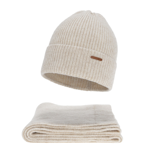 Komplet zimní dámský: čepice a šála, světle béžový, s merino vlnou, Seala