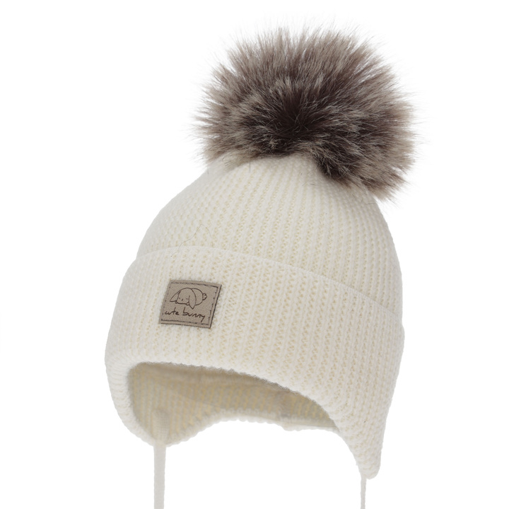 Dívčí zimní čepice, krémová, zavazovací, 100% merino vlněná, Jena