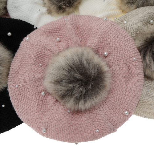 Beret a tunel zimní dívčí, bordový, podšitý fleece, s bambulí, Jeanette