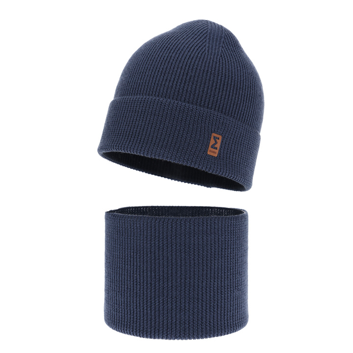 Komplet podzimní/jarní chlapecký: čepice a tunel modrý 100% extrafine merino vlna Bruce