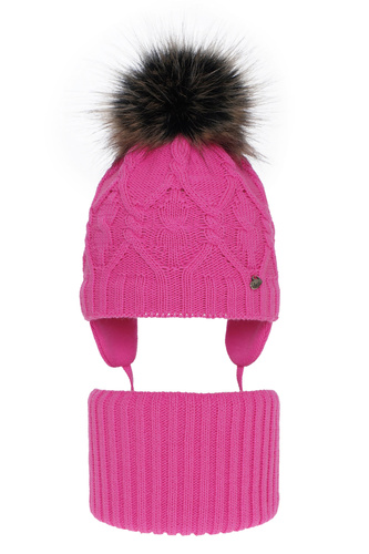 Komplet zimní dívčí: čepice a tunel růžový s bambulí Elena