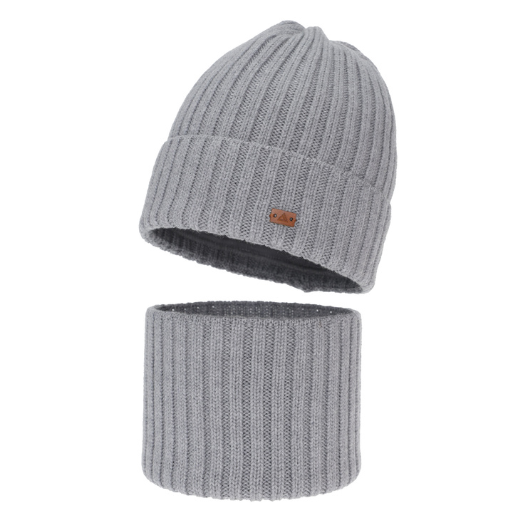 Komplet zimní chlapecký: čepice a tunel, 100% merino vlněný, jasnošedý, Umberto