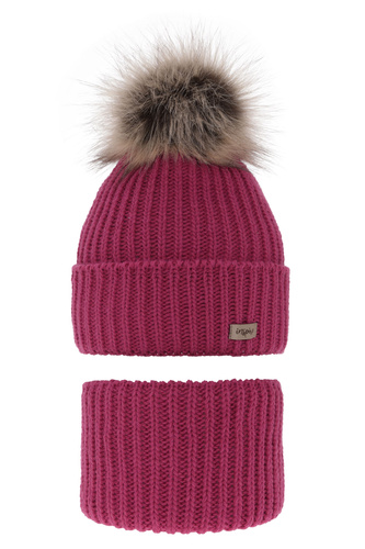 Komplet zimní dívčí: čepice a tunel růžový bambulí Willow