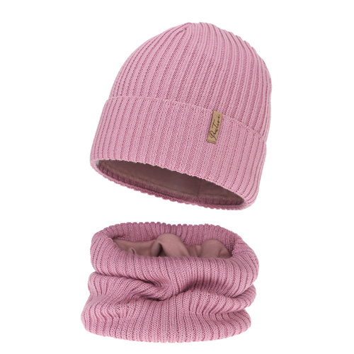 Čepice a tunel podšitý fleecem pro dívku zimní komplet, fialový, s merino vlnou, Odette