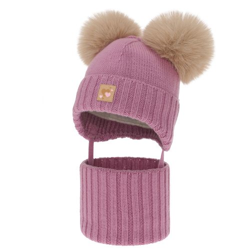 Dívčí čepice a nákrčník, zimní set, fialový, 100% merino vlna, podšitý vlněným polarem, Ronia