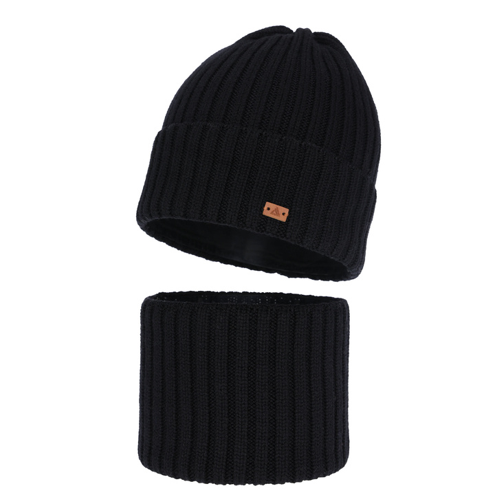 Komplet zimní chlapecký: čepice a tunel, 100% merino vlněný, černý, Umberto