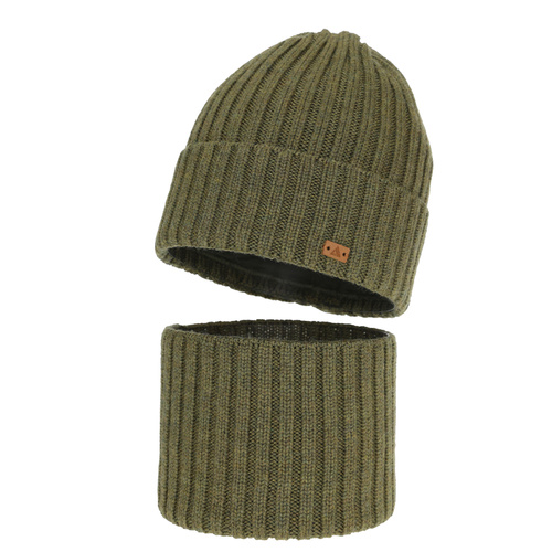 Komplet zimní chlapecký: čepice a tunel, 100% merino vlněný, khaki, Umberto