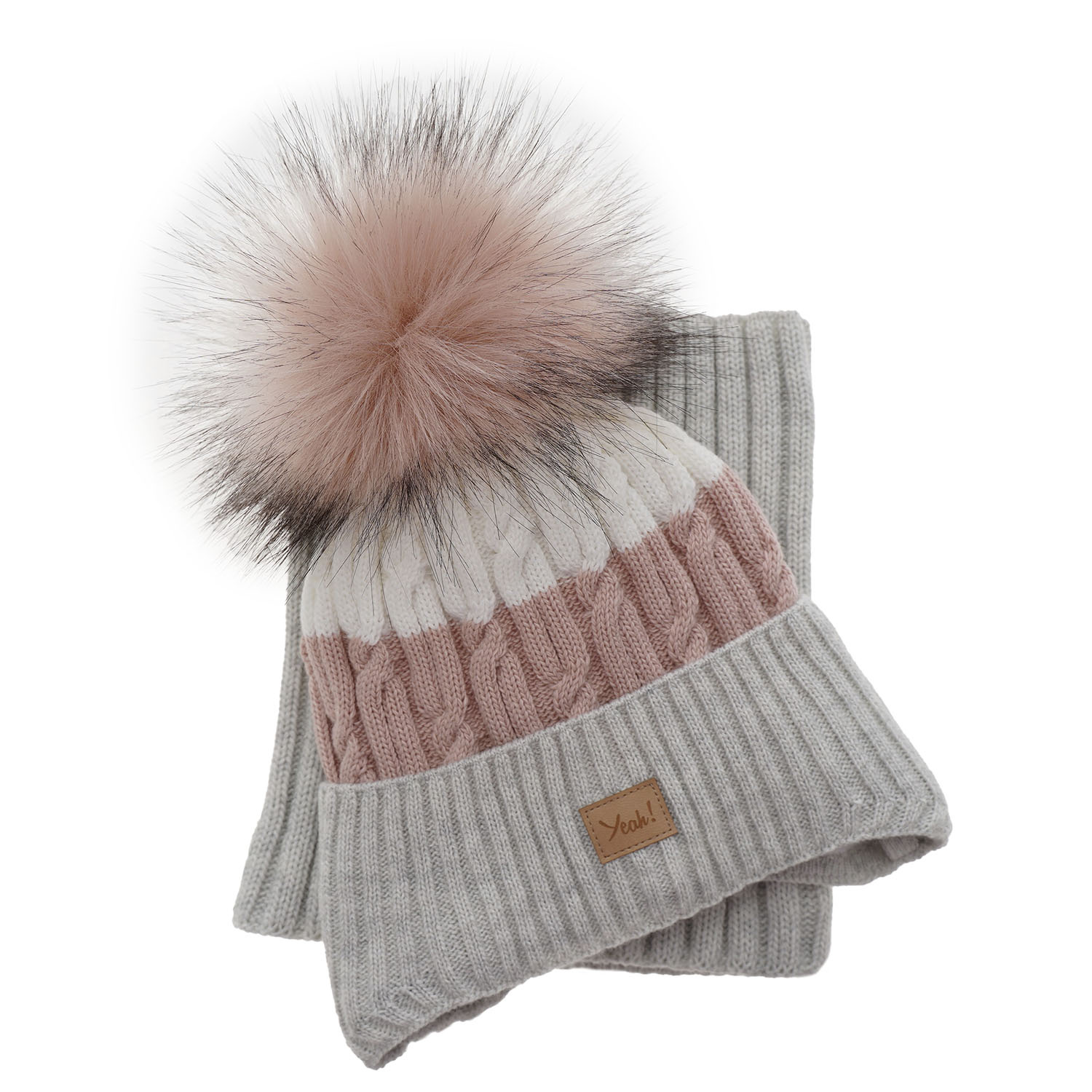 Komplet zimní dívčí: čepice a tunel šedý s bambulí Riviera