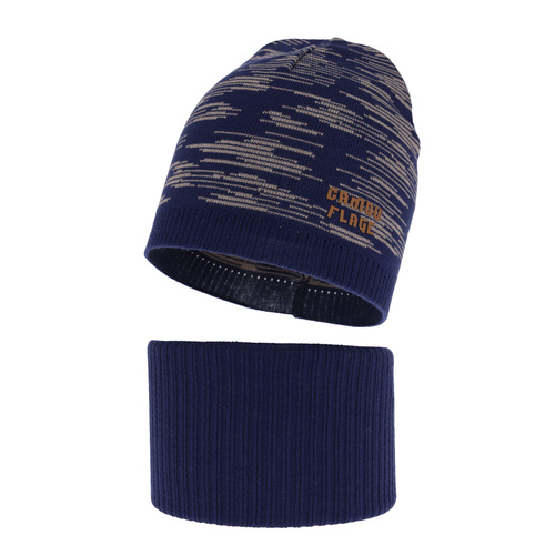 Komplet podzimní/jarní chlapecký: čepice a tunel, s bavlnou, tmavě modrý Carter