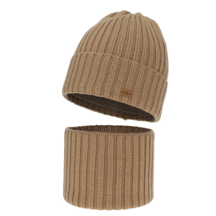 Komplet zimní chlapecký: čepice a tunel, 100% merino vlněný, camel, Umberto