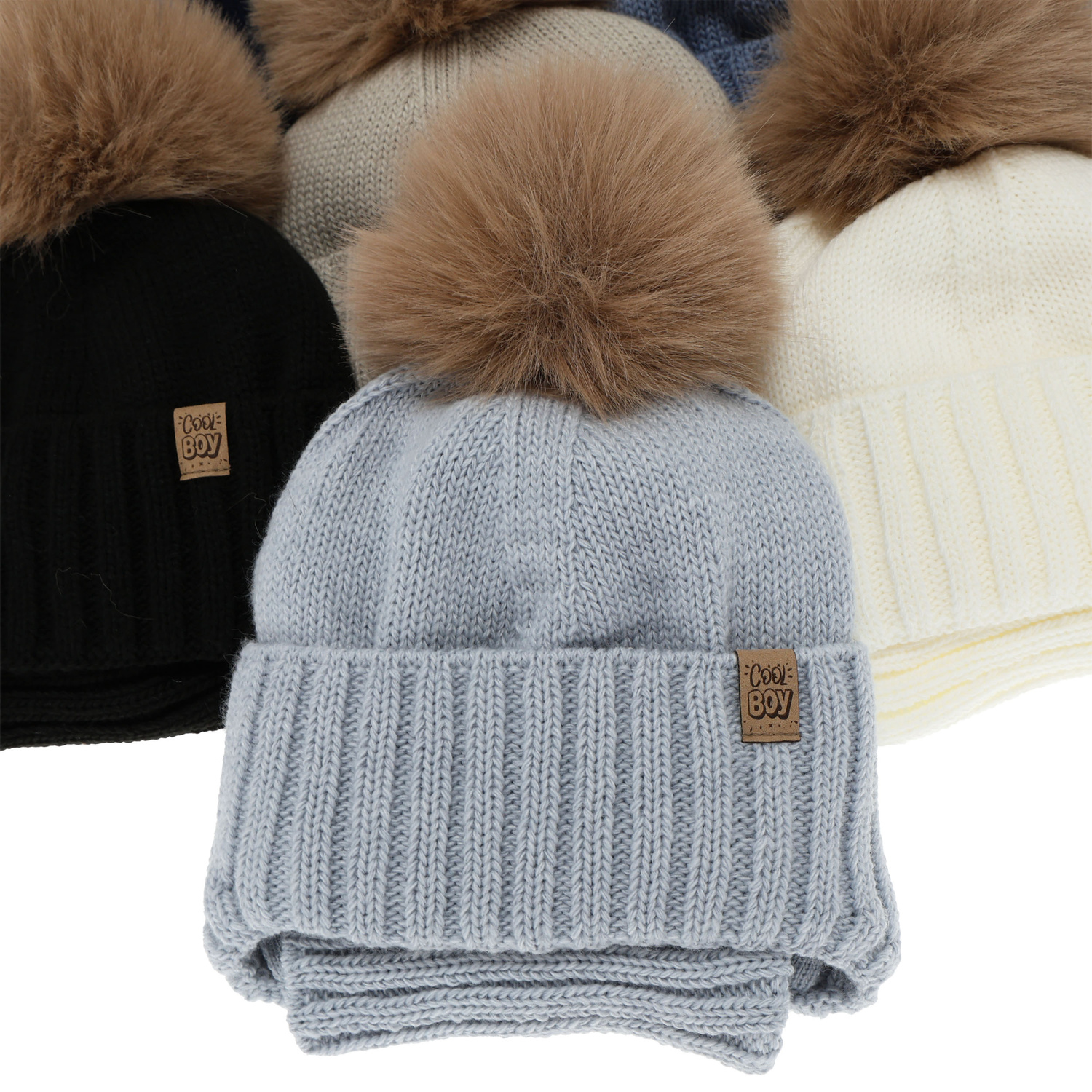 Komplet zimní chlapecký: čepice a tunel, béžový, s bambulí, Talens