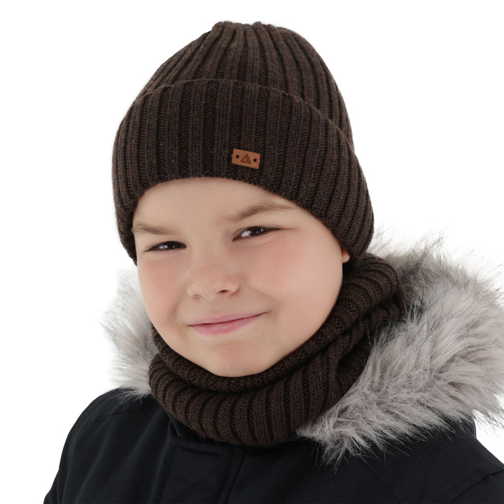Komplet zimní chlapecký: čepice a tunel, 100% merino vlněný, hnědý, Umberto