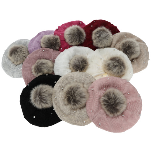 Beret a tunel zimní dívčí, bordový, podšitý fleece, s bambulí, Jeanette