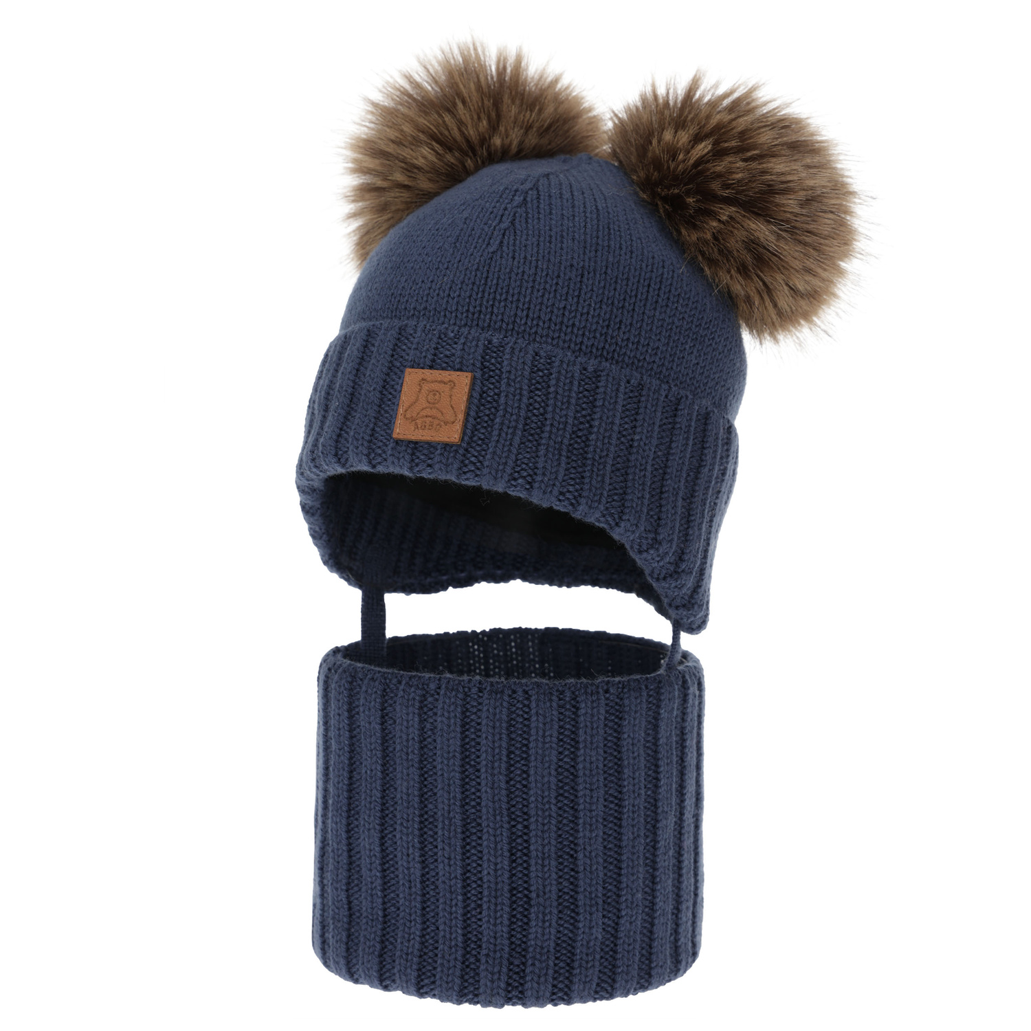 Chlapecká čepice a nákrčník, zimní set, tmavě modrý, 100% merino vlna, podšitý vlněným polarem, Ronik