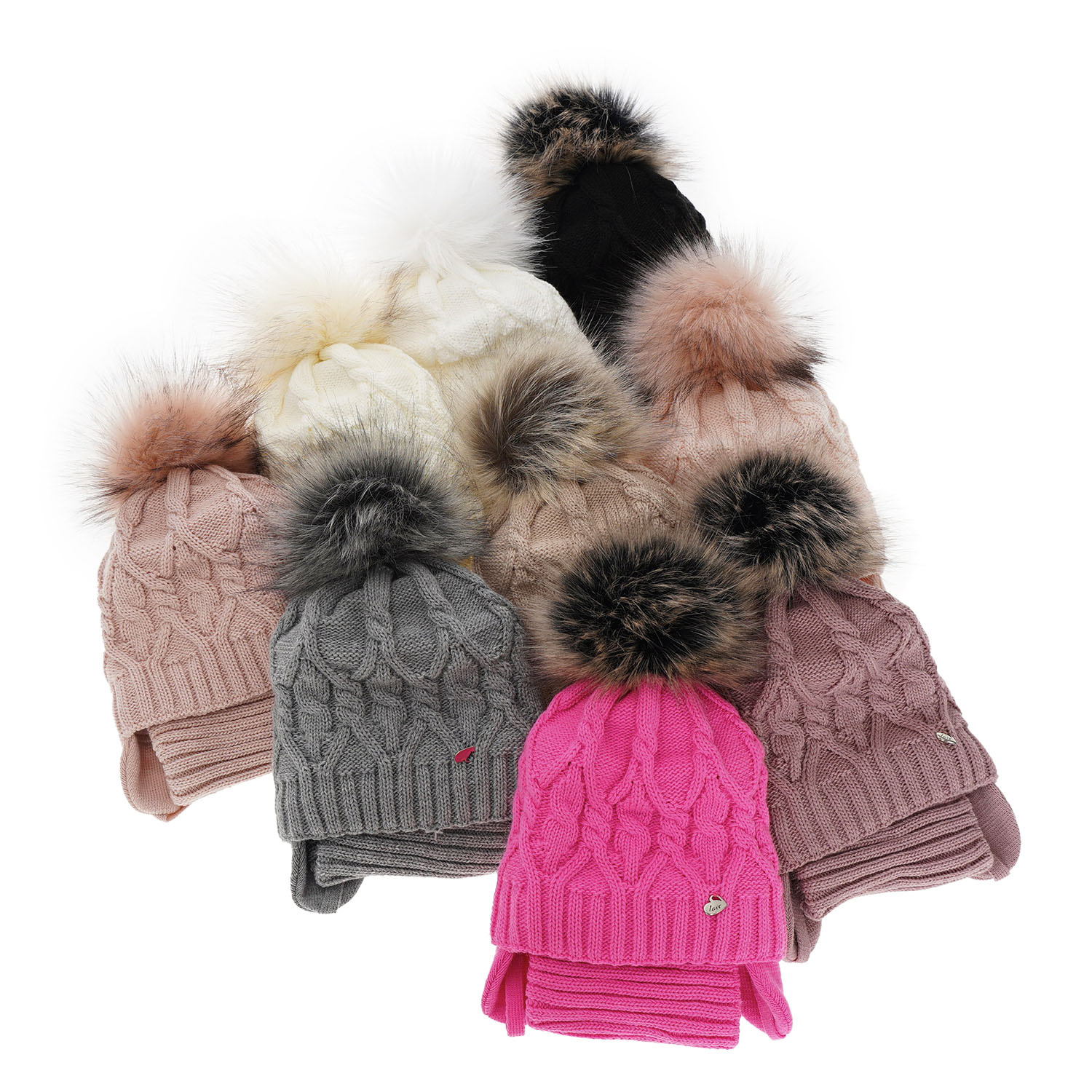 Komplet zimní dívčí: čepice a tunel růžový s bambulí Elena