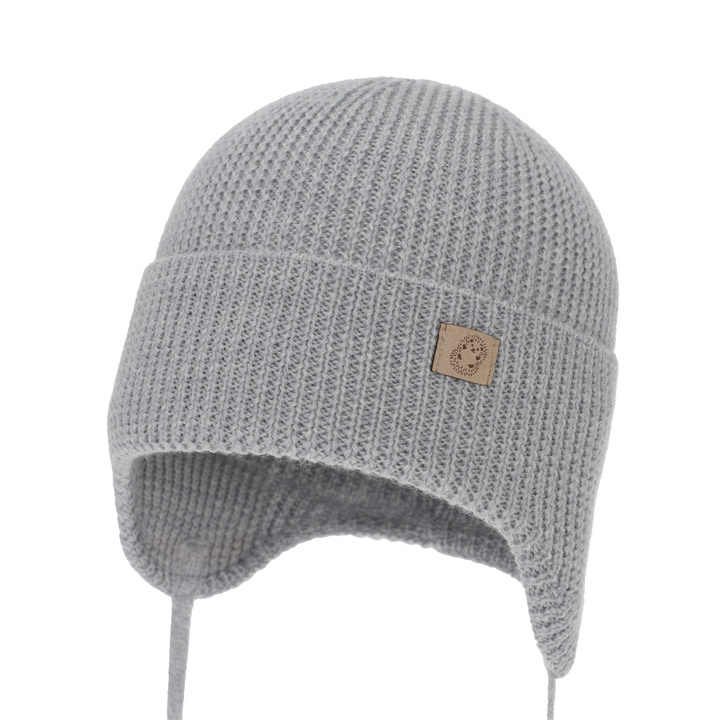 Chlapecká zimní, podzimní, jarní čepice, šedá, 100% merino vlněná, zavazovací, Bakadi