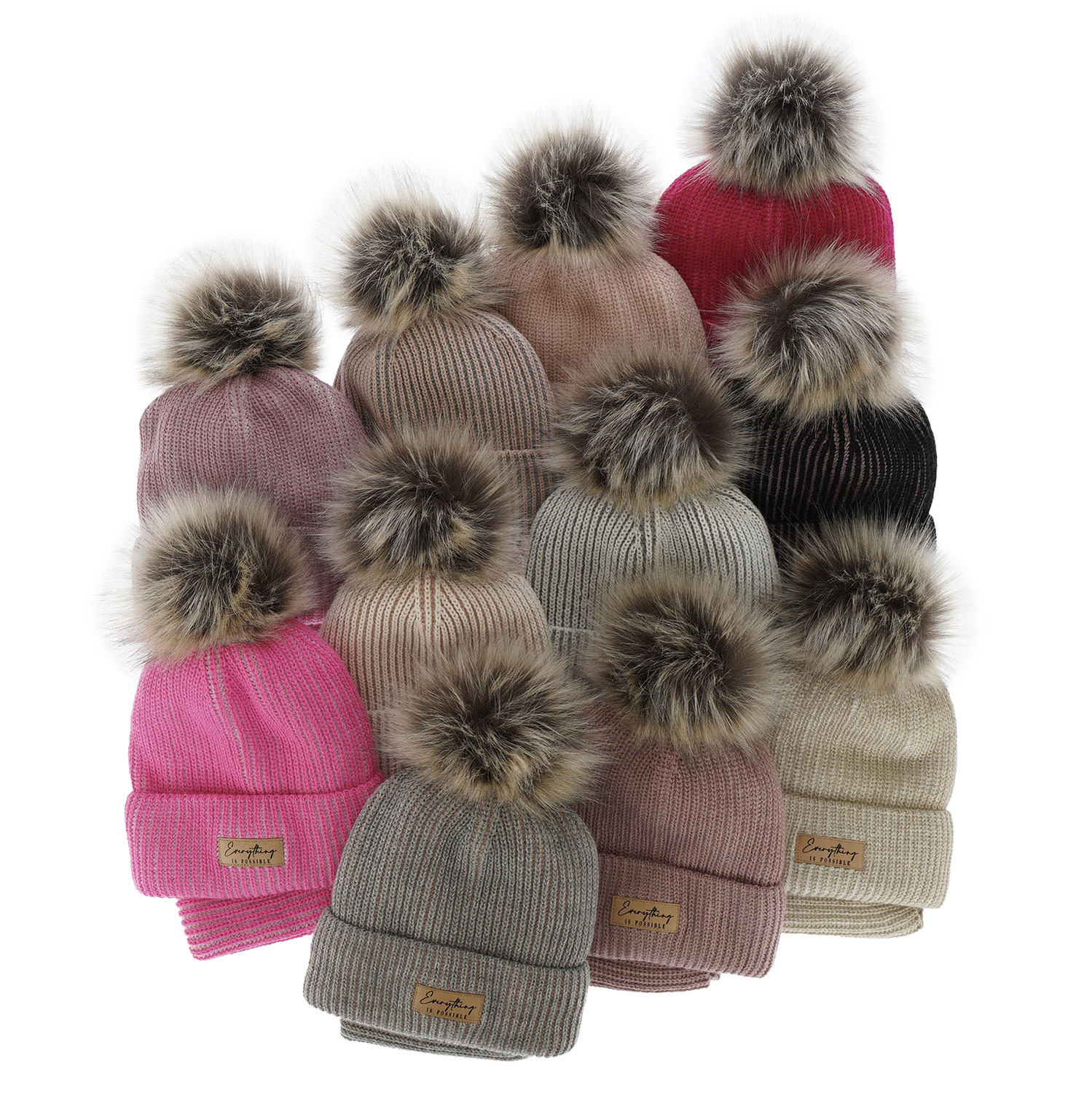 Komplet zimní dívčí: čepice a tunel béžový s bambulí Floryda