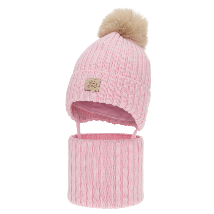 Komplet zimní dívčí: čepice a tunel, růžový, 100% merino vlněný, zavazovací, podšitý bavlnou, Malesia
