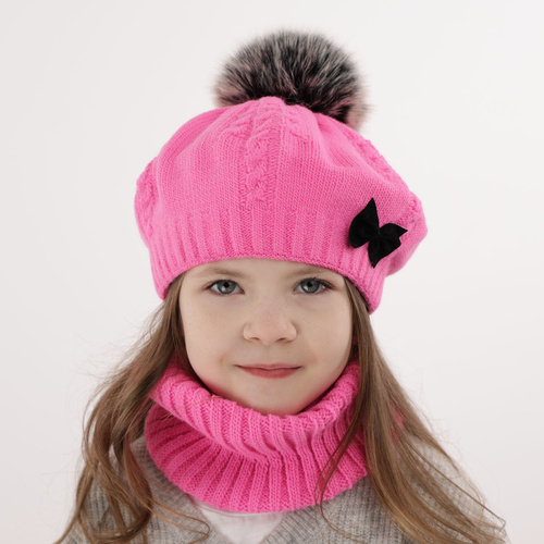 Komplet zimní dívčí: čepice a tunel krémový s bambulí Amora