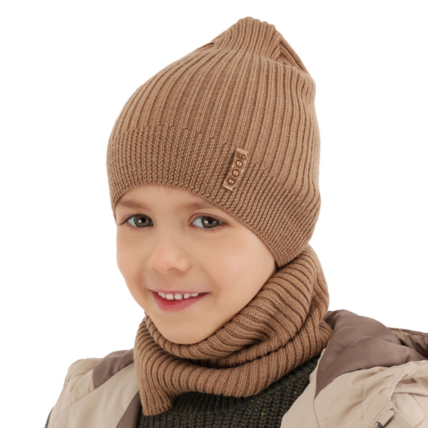Komplet podzimní/jarní chlapecký: čepice a tunel camel 100% extrafine merino vlna Chester