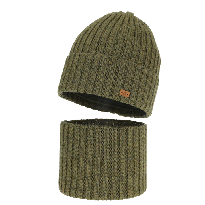 Komplet zimní chlapecký: čepice a tunel, 100% merino vlněný, khaki, Umberto
