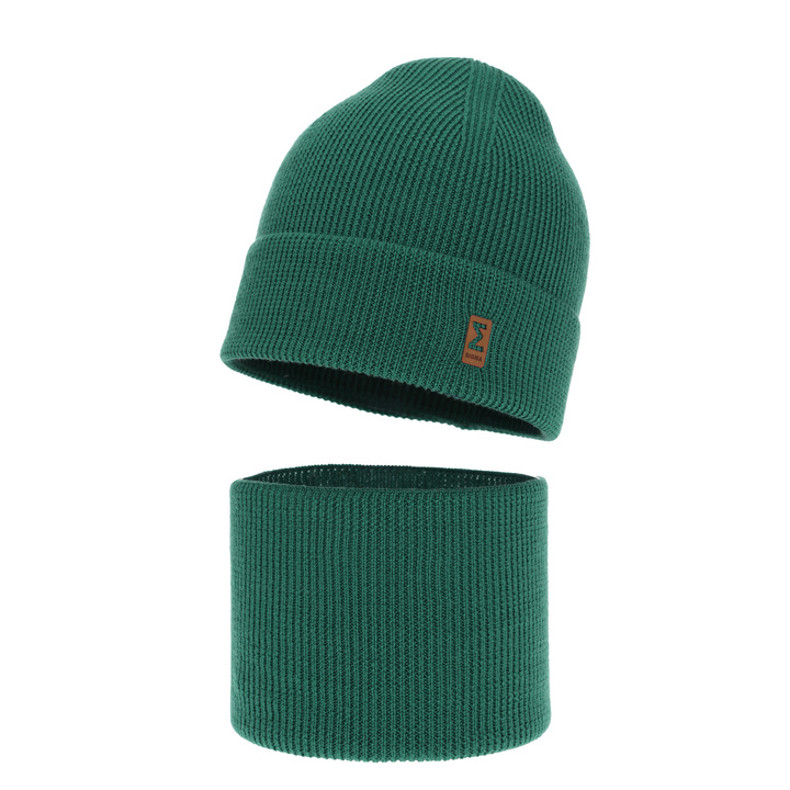 Komplet podzimní/jarní chlapecký: čepice a tunel zelený 100% extrafine merino vlna Bruce