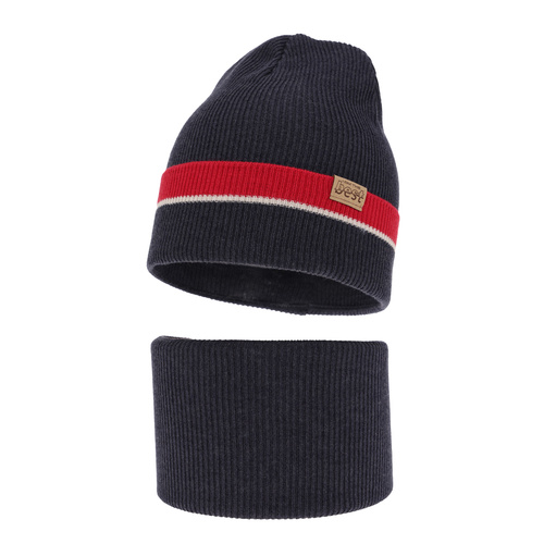 Komplet podzimní/jarní chlapecký: čepice a tunel, s bavlnou, tmavě modrý Antonio